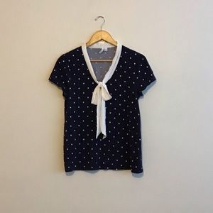 ELLE Navy Blue Polka dot Vintage Style Knit Shirt